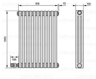 Схема (чертеж) Радиатор Zehnder Charleston 3180/11 №V004 Technoline TL